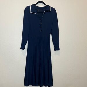 Mirol Navy Pleated Midi Dress Long Sleeve Collared Button Front White Trim Large